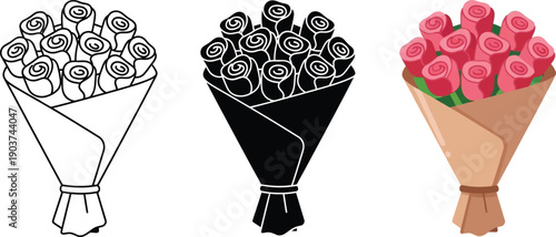 Foto Collection of rose bouquet illustrations including line art silhouette and flat