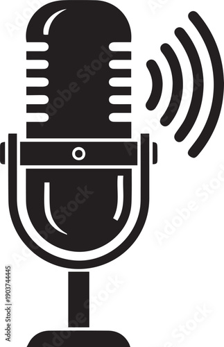 Vintage microphone icon with sound waves retro broadcast symbol for podcasting and audio recording flat vector illustration
