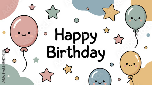 Happy Birthday Celebration with Cute Pastel Balloons and Stars