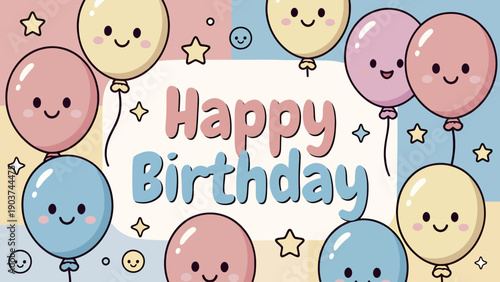 Colorful Happy Birthday Wishes with Smiling Balloons and Decorative Elements