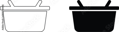 Two outline and solid black illustrations of ceramic or clay pots with handles and lids side by side on white background