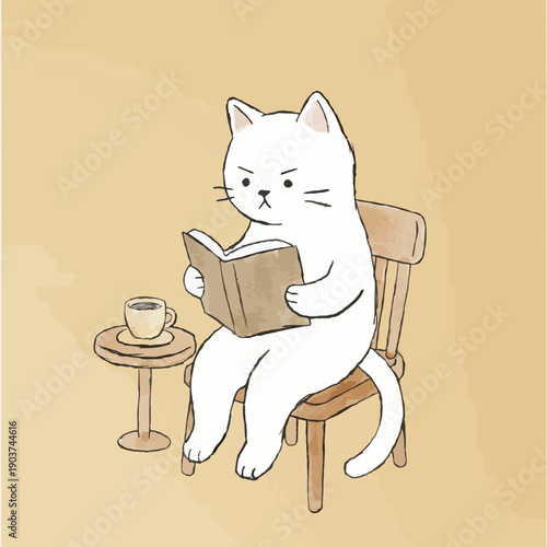 A hand-drawn illustration of a grumpy but studious white cat sitting on a wooden chair, holding an open book next to a small table with a coffee cup. Minimalist cozy cafe vibes.