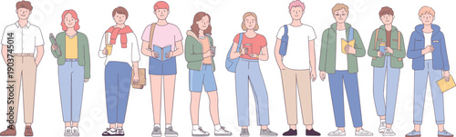 Group of diverse students standing together with books backpacks and notebooks education concept flat vector illustration isolated
