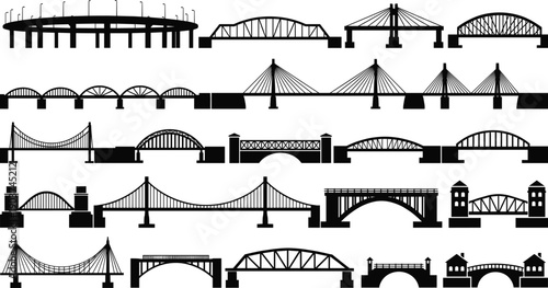 Professional collection of various bridge silhouettes including cable stayed suspension and arched architectural structures for urban planning and engineering design
