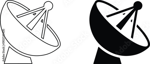 Two satellite dishes one solid black and one outlined in black on transparent background