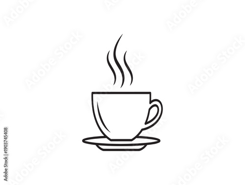 Simple line drawing of a steaming hot cup of coffee on a saucer