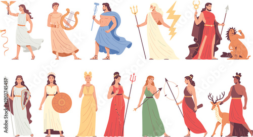 Ancient Greek gods and goddesses characters set mythology deities heroes symbols flat vector illustration isolated collection