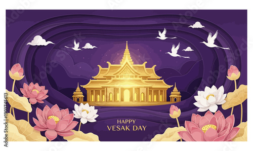 Happy Vesak Day Golden Temple and Lotus Illustration 2_ Vectors