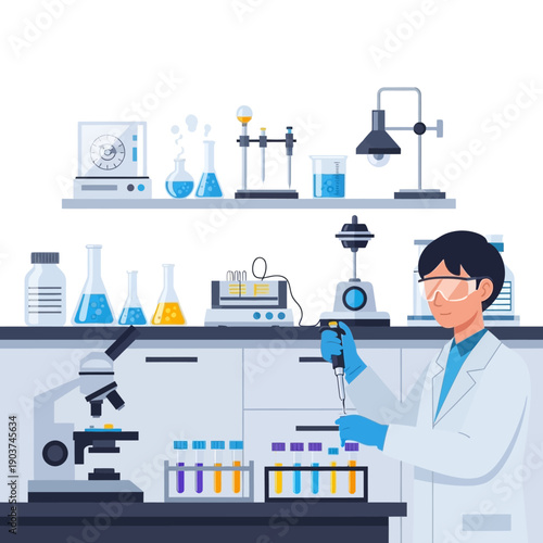 Scientist in Lab Coat Working with Pipette and Microscope, Laboratory Equipment