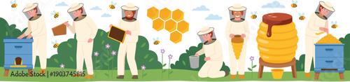 Beekeeping Process Illustration Showing Beekeepers Harvesting Honeycombs, Collecting Honey, Managing Beehives in Organic Farm Landscape Banner Design Flat Vector Art