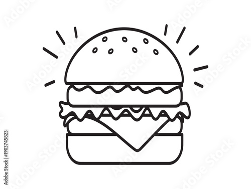 A simple line drawing of a hamburger with a sesame seed bun