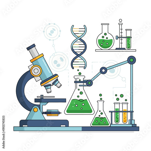 Science Laboratory Research: Microscope, DNA, Robot Arm, Test Tubes, Flasks