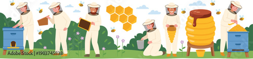 Beekeeping Process Illustration Banner with Diverse Beekeepers Harvesting Honeycomb, Managing Beehives and Producing Organic Honey in Apiary Farm