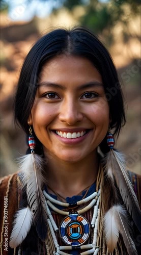 Young Native American woman wearing traditional regalia, highlighting cultural heritage, identity, and timeless elegance. Respectful cultural portrait with a focus on tradition and craftsmanship