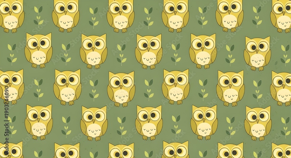 Obraz premium seamless pattern with yellow owls on green background