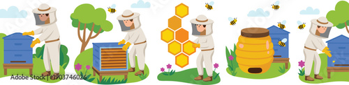 Beekeeping Vector Illustration Banner Showing Beekeeper Inspecting Beehives, Harvesting Honeycomb and Producing Organic Honey in Apiary Farm Landscape
