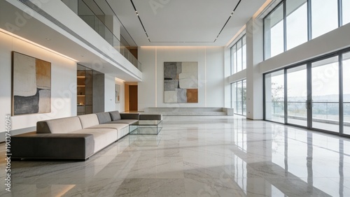 A modern lobby featuring large windows and elegant marble floors, creating a bright and sophisticated atmosphere