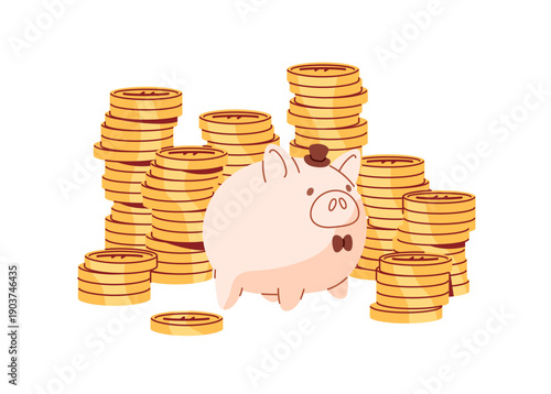 Piggy bank with stacks, piles of gold coins. Saving of cash, putting money aside, holdings. Financial literacy, economy and wealth concept. Flat isolated vector illustration on white background