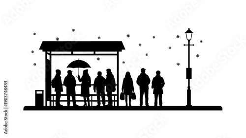 Silhouetted People Standing Under Street Shelter.