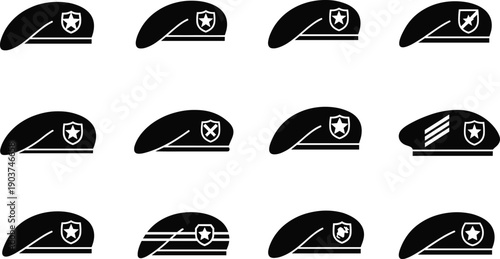 Black military beret icon set with shield insignia symbols, minimal flat silhouette style army headwear collection for security, defense, tactical, uniform, and emblem design use