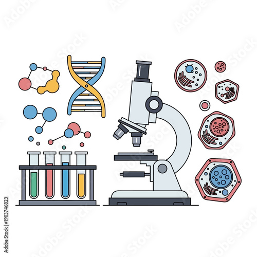 Science flat design illustration with microscope, DNA, molecules, cells and test tubes