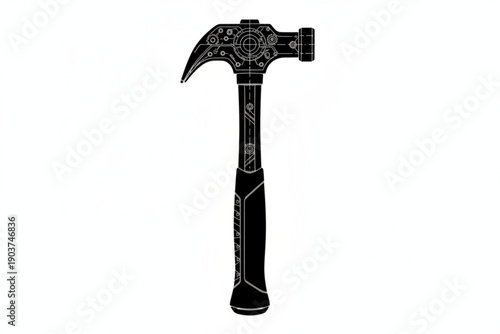 Hammer in Detailed Silhouette: A high-contrast monochrome image of a sturdy hammer, intricately detailed and ready for any construction task. The tool is rendered in a striking silhouette.