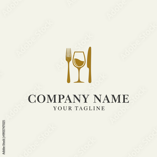 Elegant Golden Fork Knife and Wine Glass Logo for Restaurant or Bar.