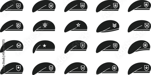 Military army beret hat icon set with various rank insignia and emblems for tactical force uniform design and soldier equipment silhouettes