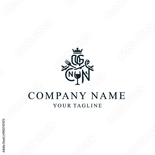 Elegant monogram logo with crown fork knife and wine glass.