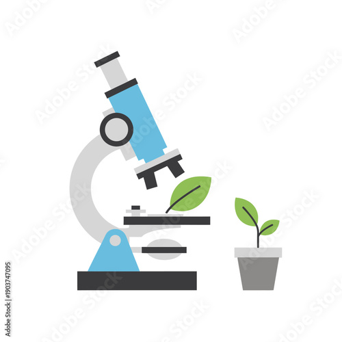Microscope examining plant leaf and seedling in pot, scientific research, biotechnology concept