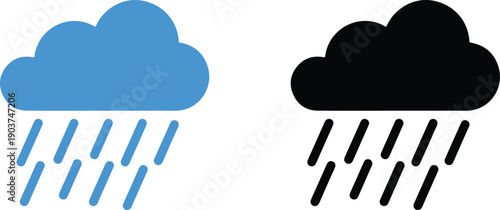 Weather icons of blue and black clouds with rain falling down isolated on white background