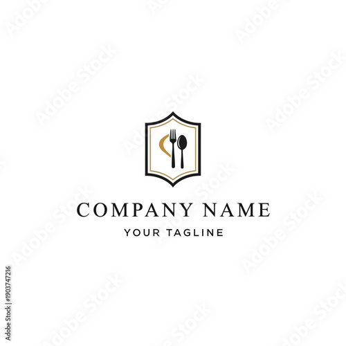 Elegant Restaurant Logo with Cutlery Emblem and Company Name.