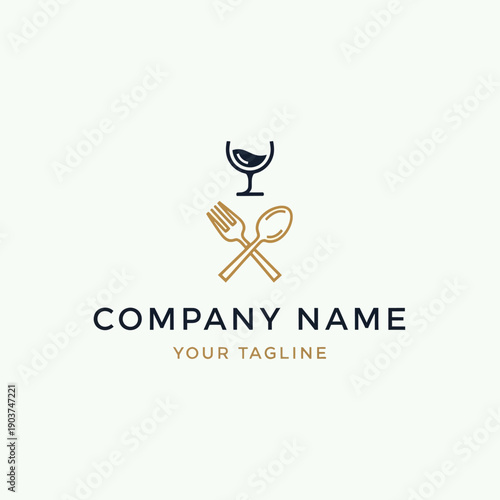 Elegant Restaurant Logo Design with Wine Glass Fork and Spoon.