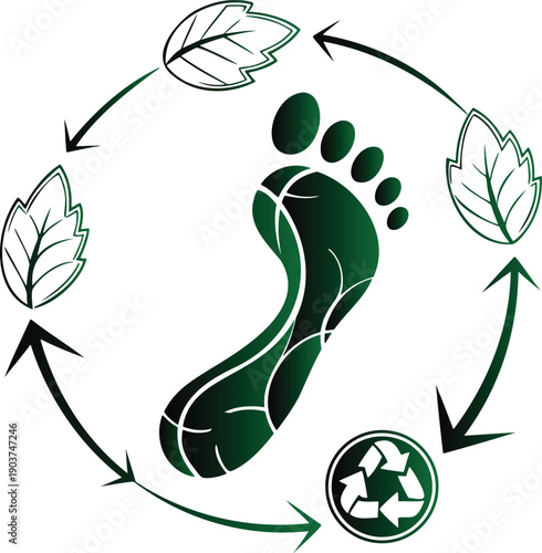 Footprint in a recycling loop with leaves and recycling symbol for eco friendly and environmentally sustainable practices