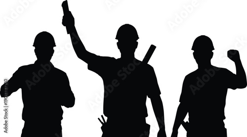 Construction workers silhouette team raising tools industrial labor strength safety concept black vector illustration isolated