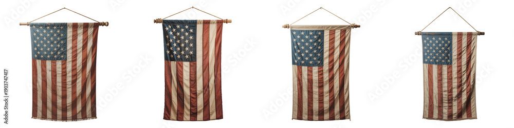 Obraz premium Four american flags hanging from wooden dowels on transparent background