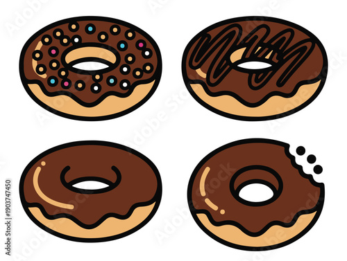 A set of four chocolate frosted donuts with various toppings