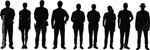 People silhouette group standing together men and women different professions teamwork concept black vector illustration isolated