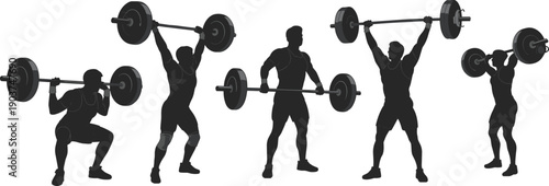 Weightlifting athlete silhouette set performing barbell squat clean and press strength training fitness black vector illustration isolated