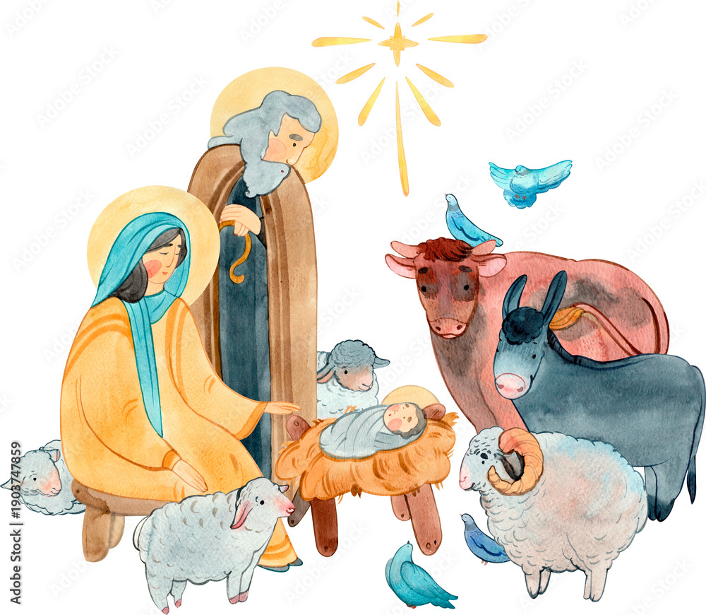 Fototapeta premium Holy family nativity scene with baby Jesus, Mary and man Joseph and animals. Christian Christmas story on transparent background.