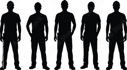 Construction workers silhouette group standing in different poses wearing safety helmets industrial labor team black vector illustration isolated