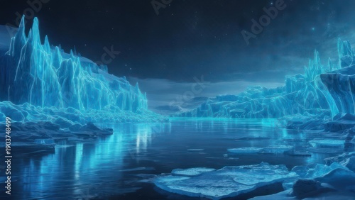 Glowing blue ice formations reflecting in still water under a starry night sky