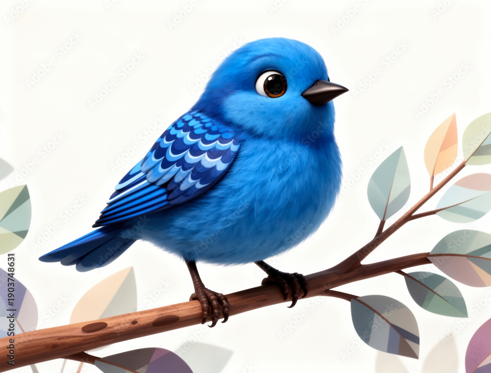 Obraz premium Playful Blue Cartoon Bird Perched on Red-Brown Branch with Gradient Wings, Abstract Leaves, Symbolizing Freedom, Joy, and Creative Inspiration