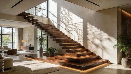 A stylish staircase within a residence, highlighted by large windows that create an airy and well-lit environment