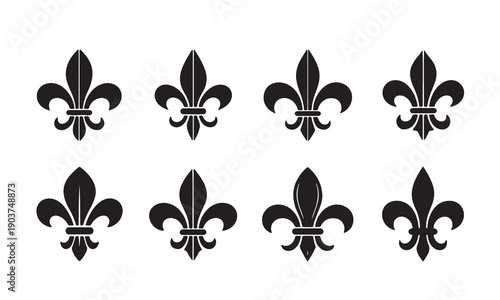 Set of Fleur-de-lis Heraldic Symbols, Royal French Lily Icons and Vintage Decorative Elements