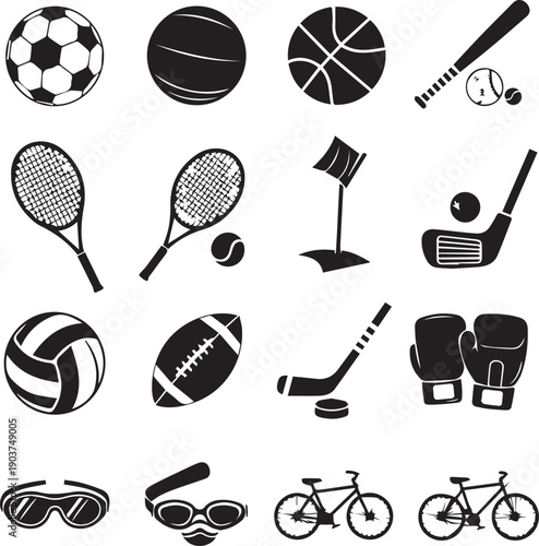 Sports equipment silhouette icons for various games and activities