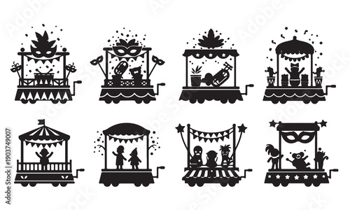 Set of Carnival Parade Float Silhouettes, Mardi Gras Festival Icons and Celebration Elements