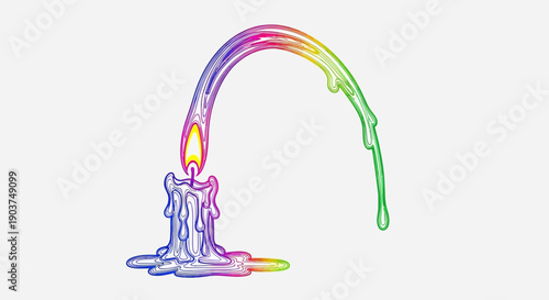 A vibrant rainbow-colored melting candle with flowing wax creating an artistic arc on a clean