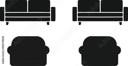 described features a set of furniture icons represented as black silhouettes, showcasing a minimalist design approach