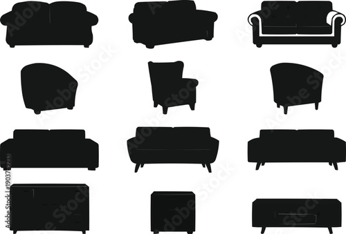 described features a collection of 12 black silhouette icons representing various types of seating furniture, including sofas and armchairs